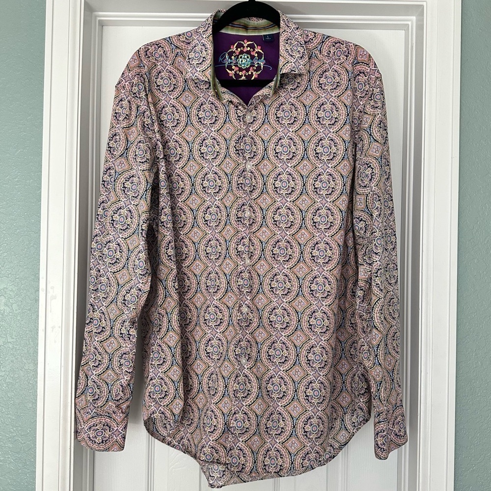 Robert Graham Geometric All Over‎ Print Cotton Silk Button Down Shirt Large